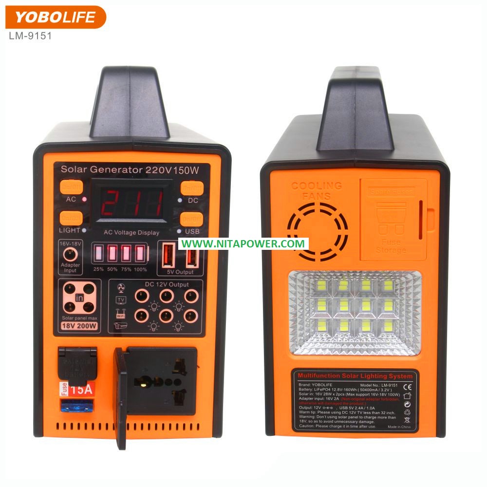 پاور استیشن وپکیج برق خورشیدی قابل حمل خروجی سینوسی220v/150w مدلLM-9151برندYoboLife